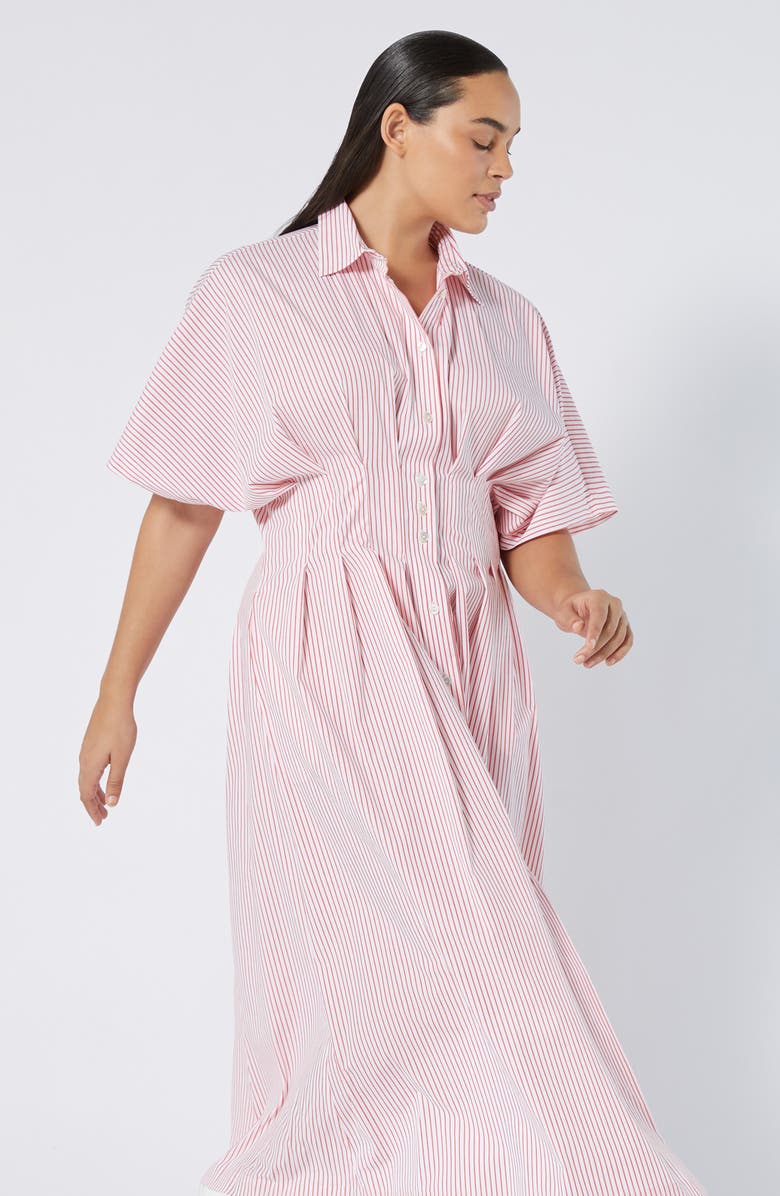 Marina Rinaldi Locri Stripe Short Sleeve Cotton Poplin Shirtdress, Alternate, color, Red