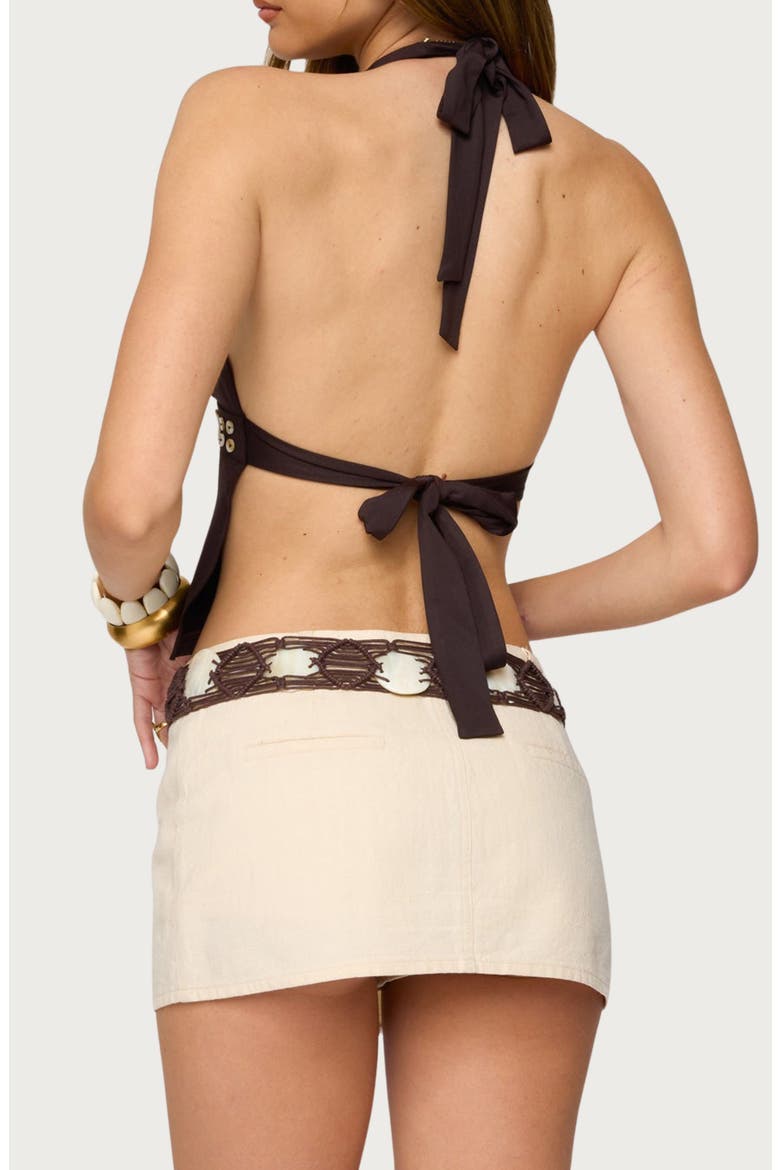 Button Trim Open Back Halter Top, Alternate, color, BROWN