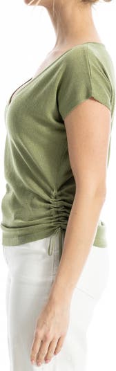 Side Ruched Short Sleeve V-Neck Sweater