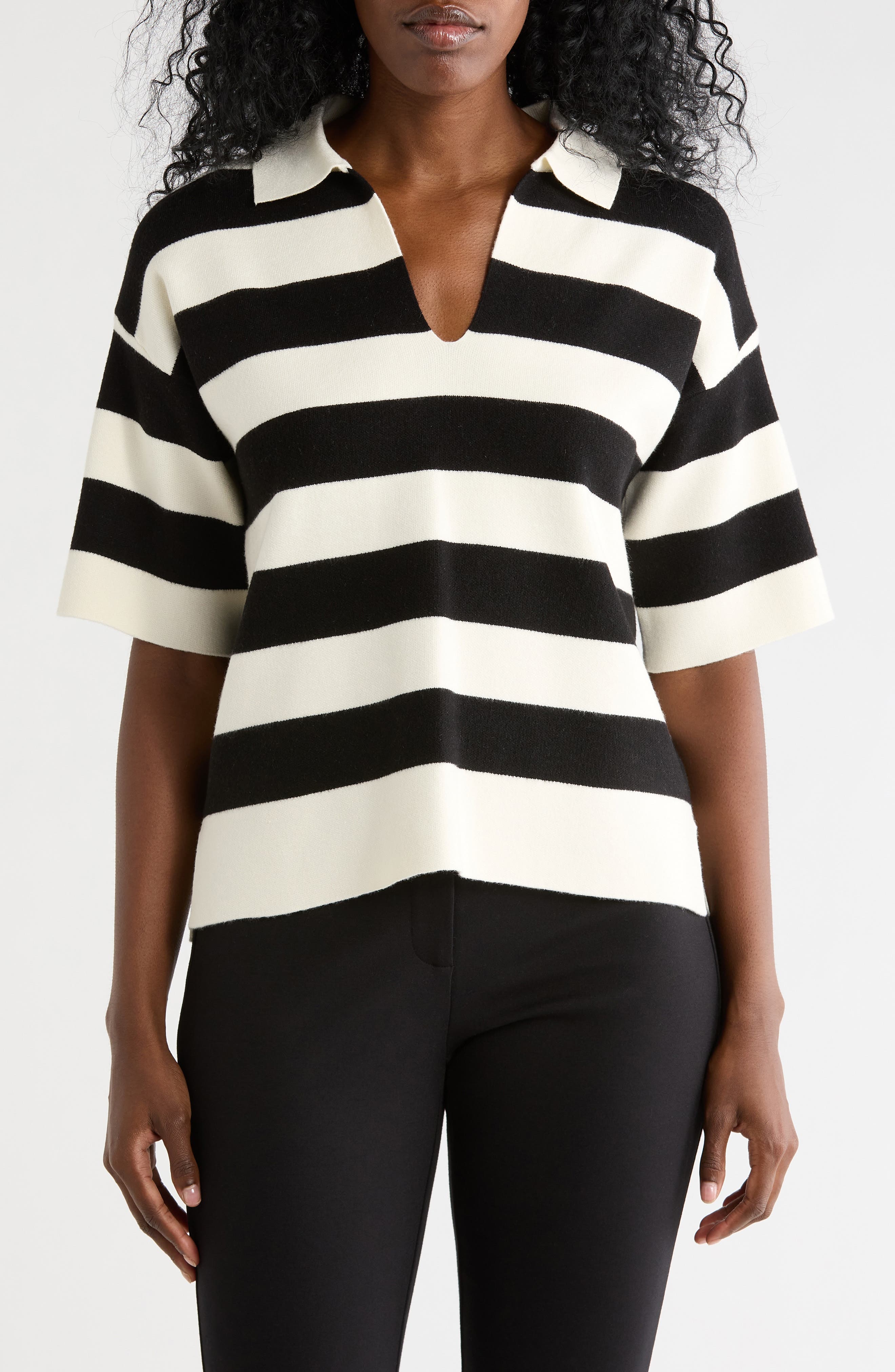 T Tahari Stripe Short Sleeve Polo Sweater