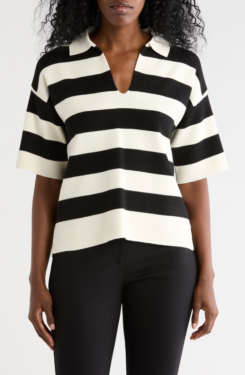 T Tahari Stripe Short Sleeve Polo Sweater, Main, color, Ivory/ Black