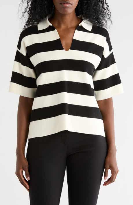 T Tahari Stripe Short Sleeve Polo Sweater