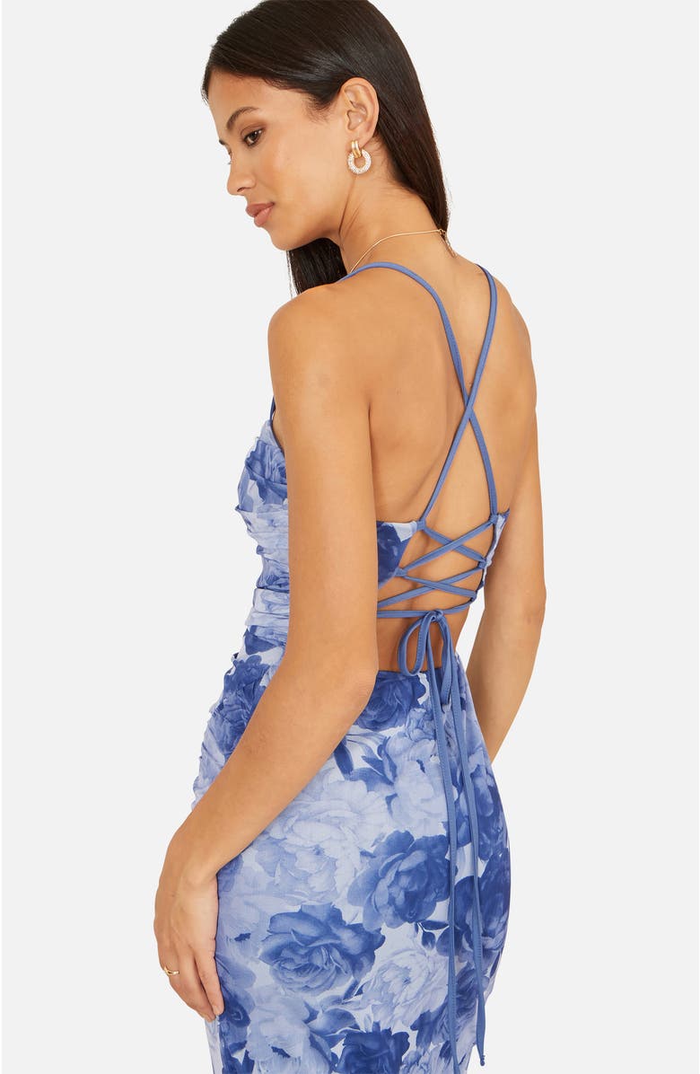 Yumi Mesh Ruched Midi Dress, Alternate, color, Blue