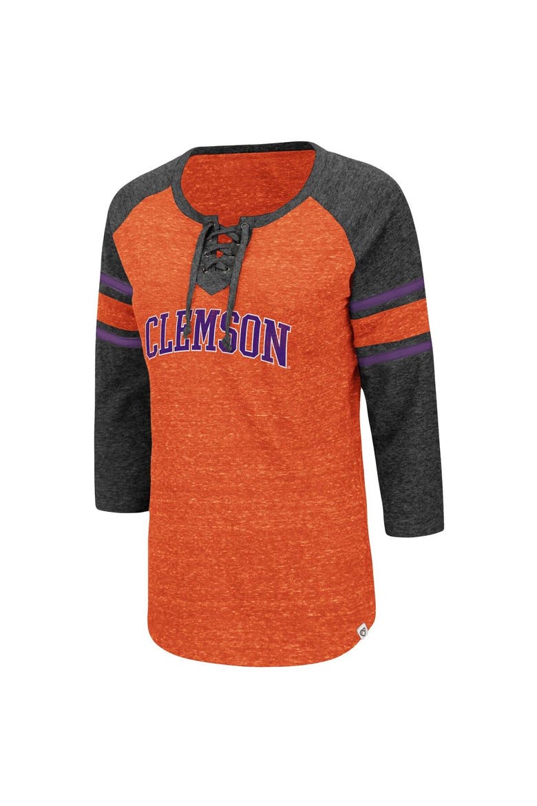 Women's Colosseum Orange/Heathered Charcoal Clemson Tigers Scienta Pasadena Raglan 3/4 Sleeve Space Dye Lace-Up T-Shirt, Alternate, color, Orange