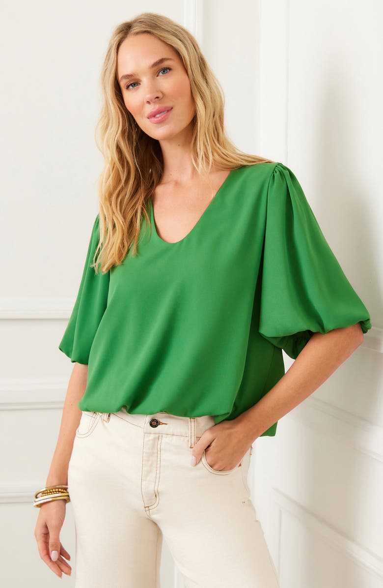 Karen Kane Puff Sleeve Crepe Top, Alternate, color, Green