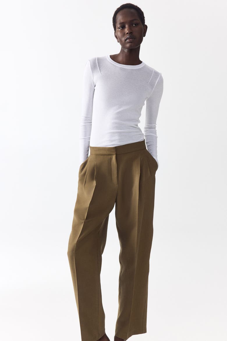 Barrel-leg Twill Trousers, Main, color, Khaki green