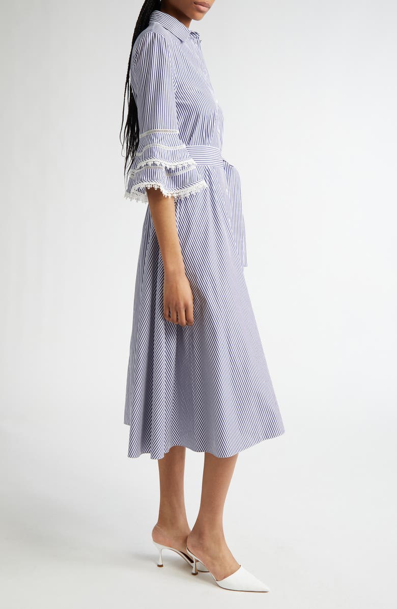 Carolina Herrera Stripe Tiered Ruffle Sleeve Belted Poplin Shirtdress, Alternate, color, White/ Blue