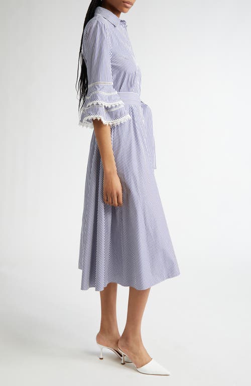 Carolina Herrera Stripe Tiered Ruffle Sleeve Belted Poplin Shirtdress In Multi