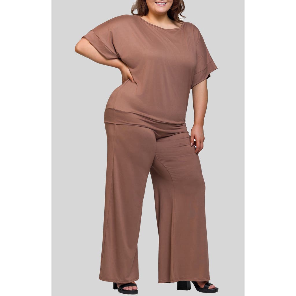 24seven Comfort Apparel Plus Size Boat Neck Top And Wide Leg Pants Set In Brown