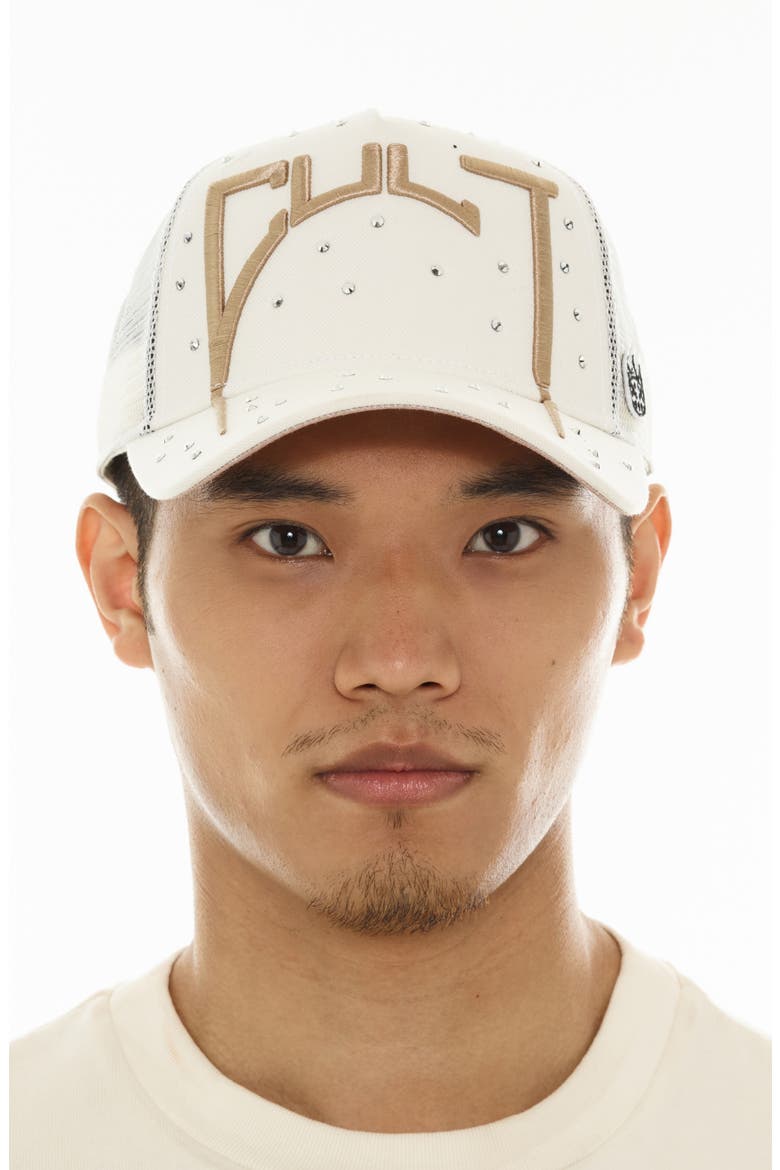 Arch Logo Crystal Embellished Trucker Hat, Alternate, color, WINTER WHITE