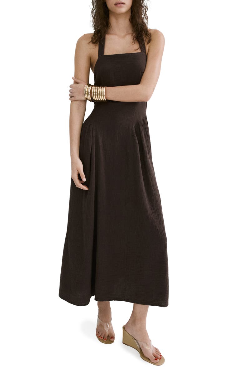 MANGO Double Gazue Halter Maxi Dress, Main, color, Chocolate