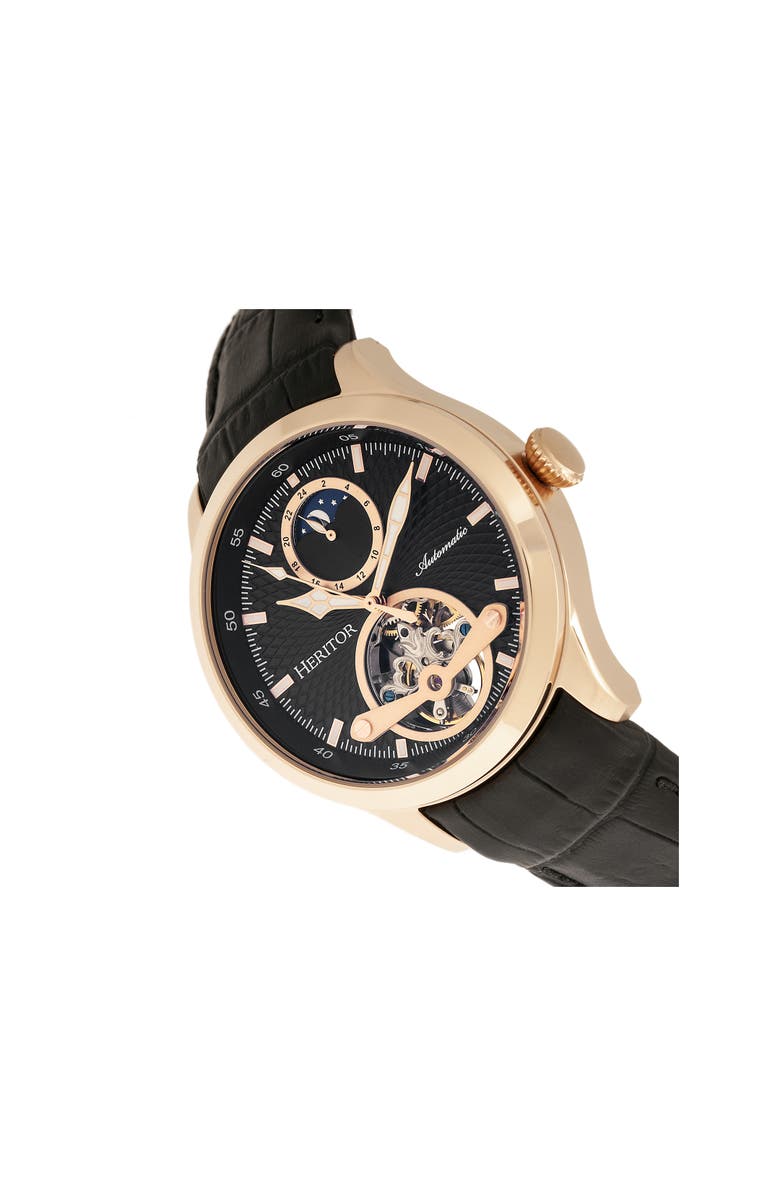 Heritor Automatic Gregory Semi-Skeleton Leather-Band Watch, Alternate, color, Rose Gold/Black