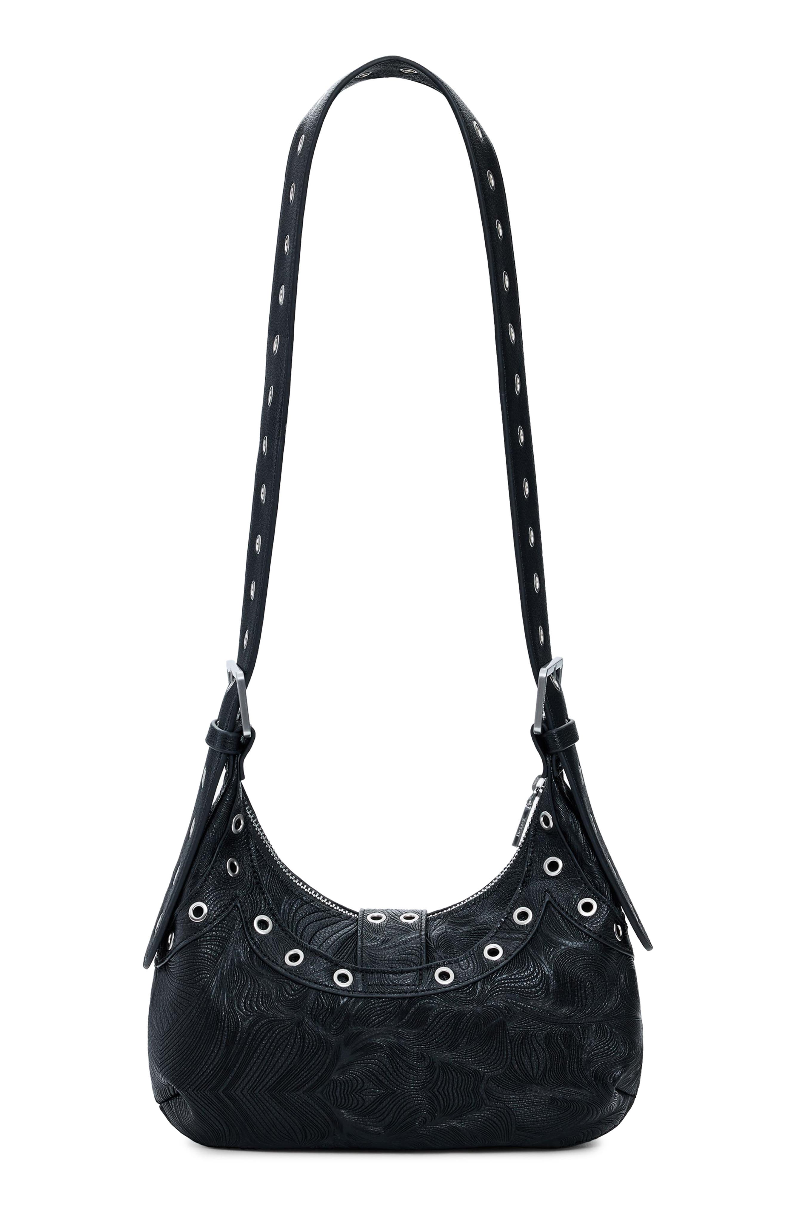 Desigual Grommet Faux Leather Shoulder Bag, Alternate, color, Black
