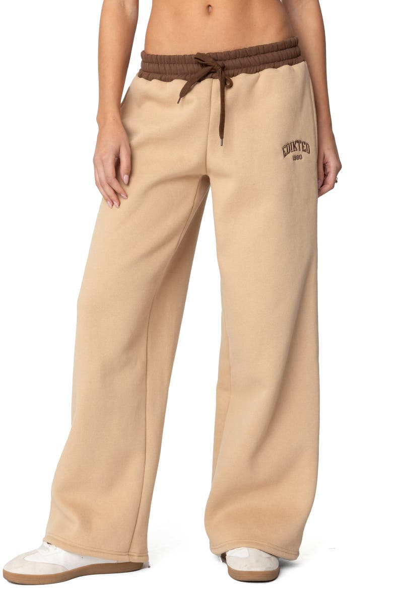EDIKTED Contrast Waist Logo Wide Leg Sweatpants, Main, color, Camel