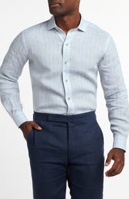 David Donahue Stripe Slub Linen Button-Up Shirt