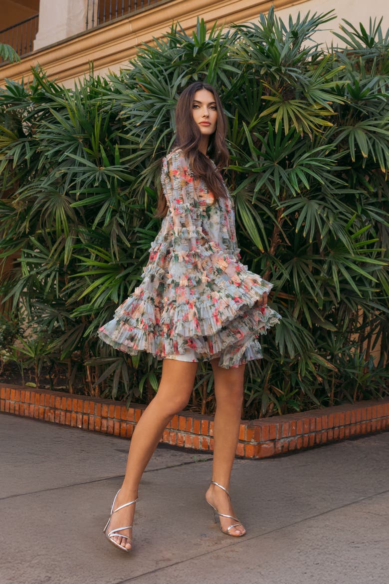 Printed Mesh Ruffle High Neck Mini Dress, Alternate, color, Blue Multi