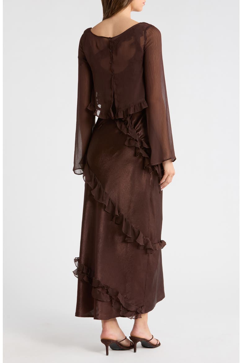 Carmen Ruffle Long Sleeve Satin Midi Dress, Alternate, color, CHOCOLATE