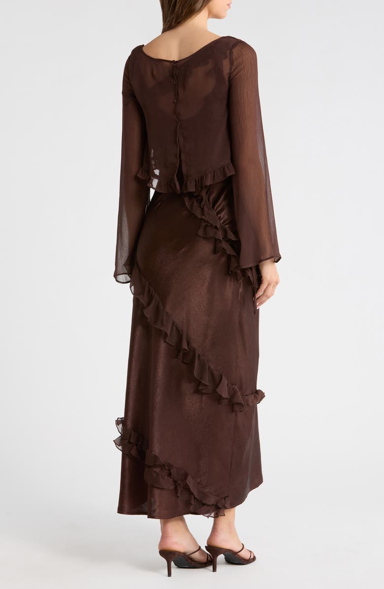 Damson Madder Carmen Ruffle Long Sleeve Satin Midi Dress, Alternate, color, Chocolate