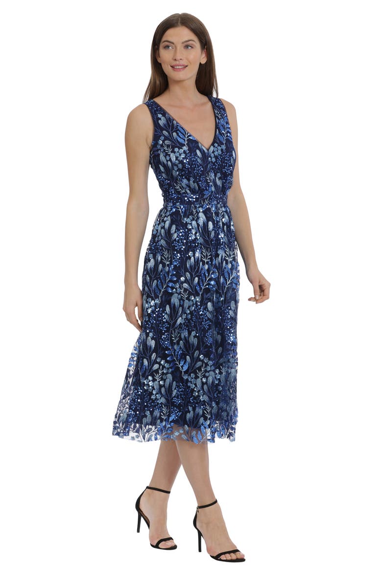 Woodland Sequin Embroidered Sleeveless Midi Dress, Alternate, color, BLUE MULTI