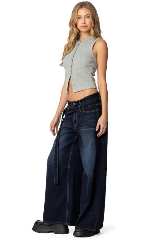 Edikted Belted Low Rise Super Baggy Jeans In Indigo-blue-raw-wash