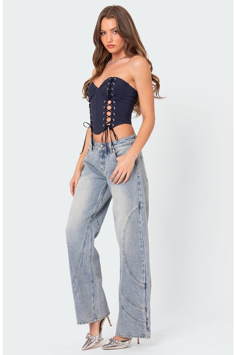 McKenna Lace-Up Strapless Corset Crop Top, Alternate, color, NAVY
