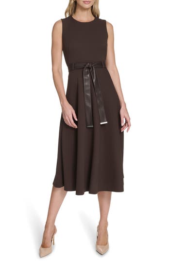 Calvin Klein Faux Leather Belt Scuba Crepe Midi A-line Dress In Brown