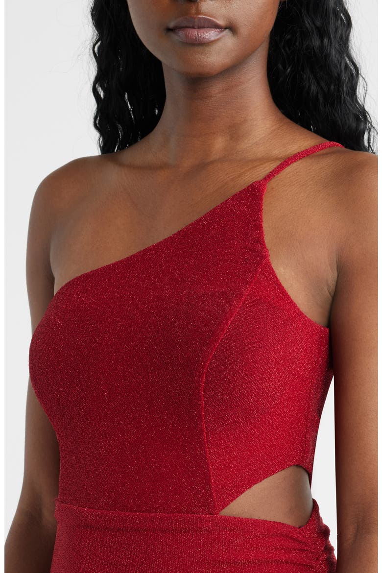 Metallic Knit One-Shoulder Asymmetric Gown, Alternate, color, RED