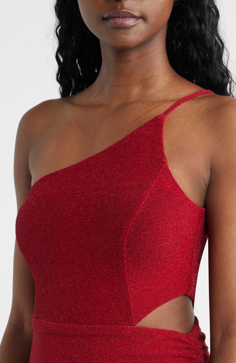 Jump Apparel Metallic Knit One-Shoulder Asymmetric Gown, Alternate, color, Red