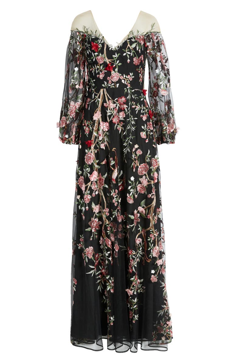 Marchesa Notte Floral Embroidery Long Sleeve Gown, Alternate, color, 