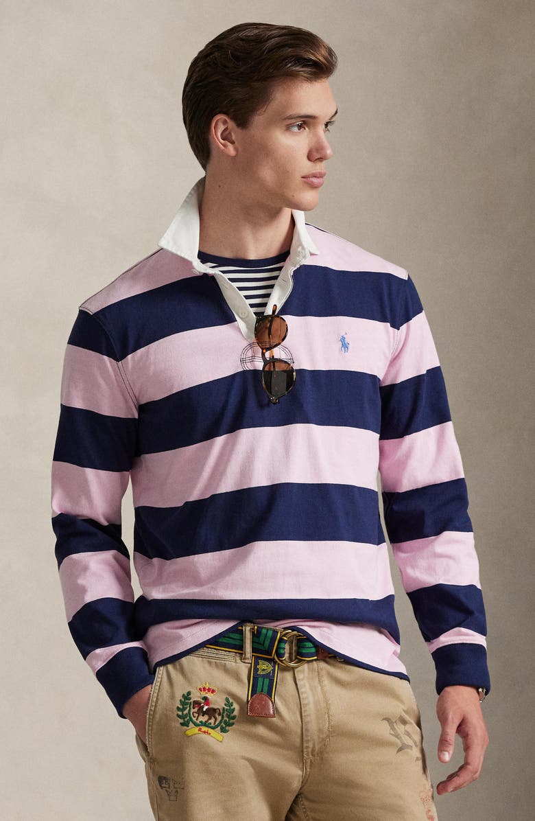 Polo Ralph Lauren The Iconic Rugby Shirt, Alternate, color, Carmel Pink/ Newport Navy