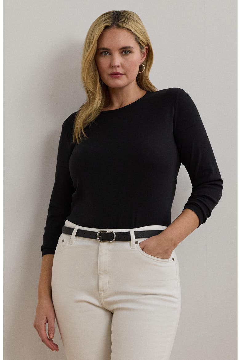 Katharin Rib Long Sleeve Stretch Cotton Top, Alternate, color, BLACK
