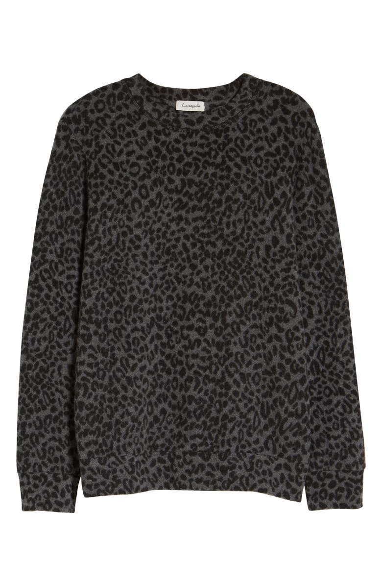 Loveappella Brushed Leopard Print Long Sleeve Crewneck Top, Alternate, color, Gray/ Black