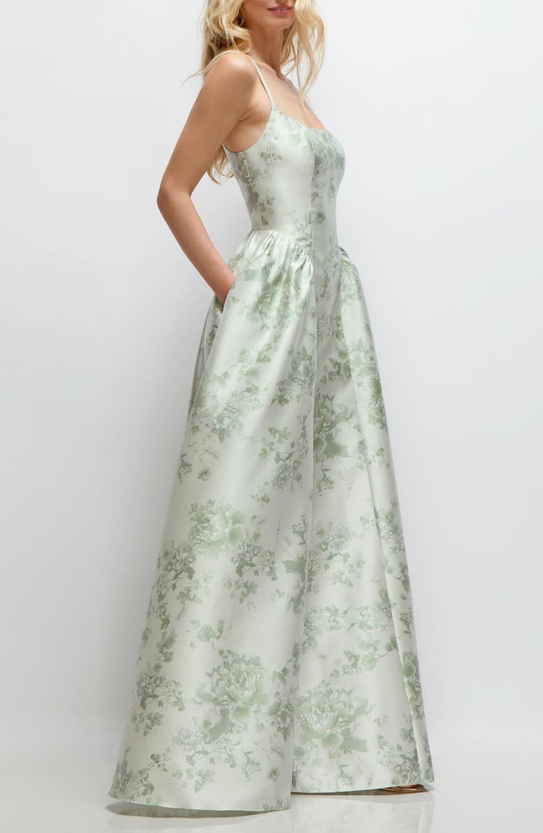 Dessy Collection Floral Sleeveless Satin Ballgown, Alternate, color, Sage Cottage Rose
