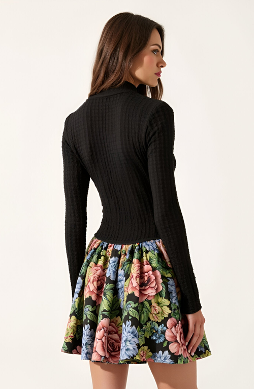 Modenaire Rib-knit Mock Neck Long Sleeve Dress With Floral Skirt In Black