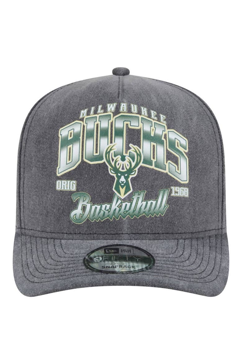 Men's New Era  Charcoal Milwaukee Bucks Throwback Washed Pre-Curved 9FIFTY Snapback Hat, Alternate, color, Charcoal