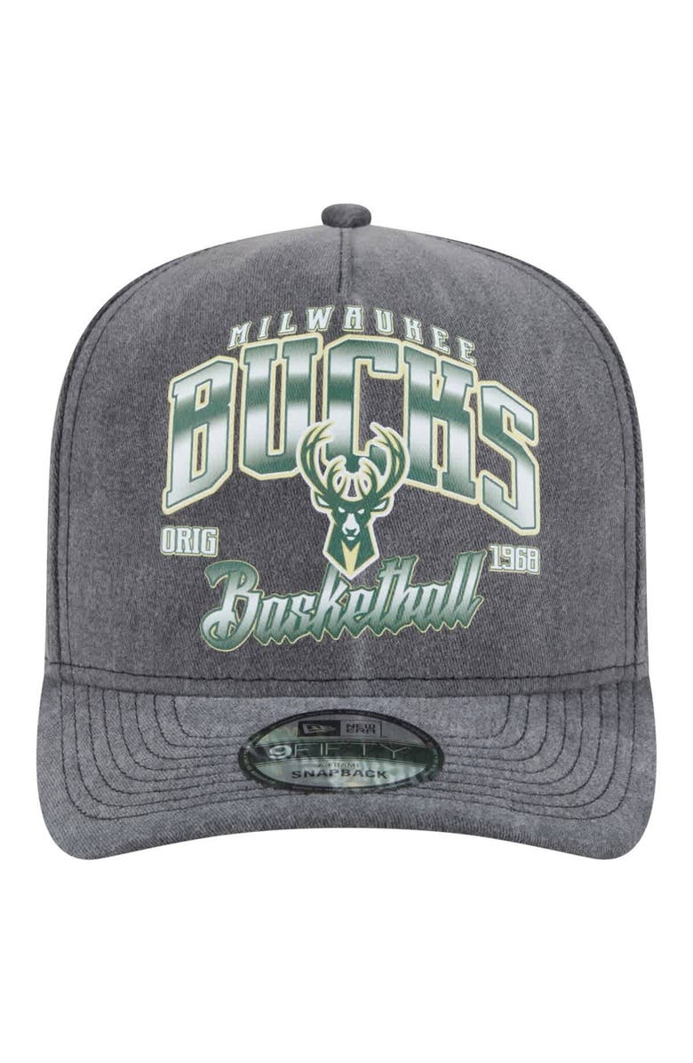New Era Men's New Era  Charcoal Milwaukee Bucks Throwback Washed Pre-Curved 9FIFTY Snapback Hat, Alternate, color, Charcoal