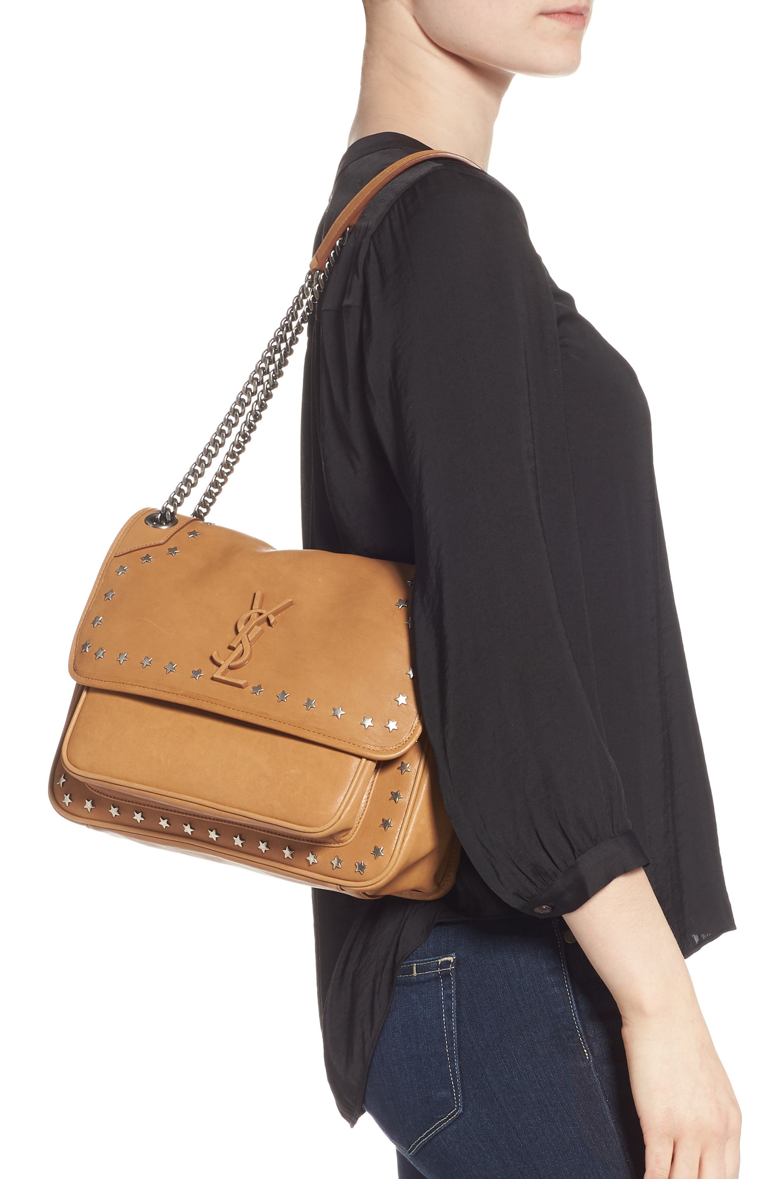 Saint Laurent Medium Niki Star Studded Leather Shoulder Bag, Alternate, color, 