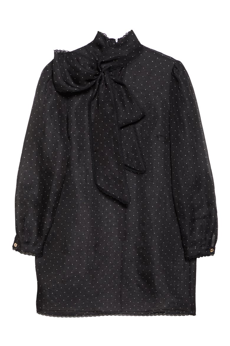 Dream Polka Dot Long Sleeve Pussy Bow Minidress, Alternate, color, BLACK DOT