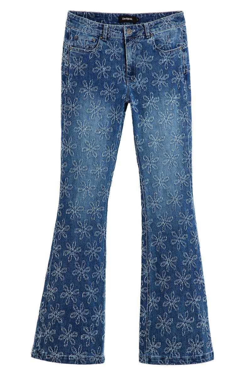 Desigual Floral Embroidered Flare Jeans, Alternate, color, Medium Blue