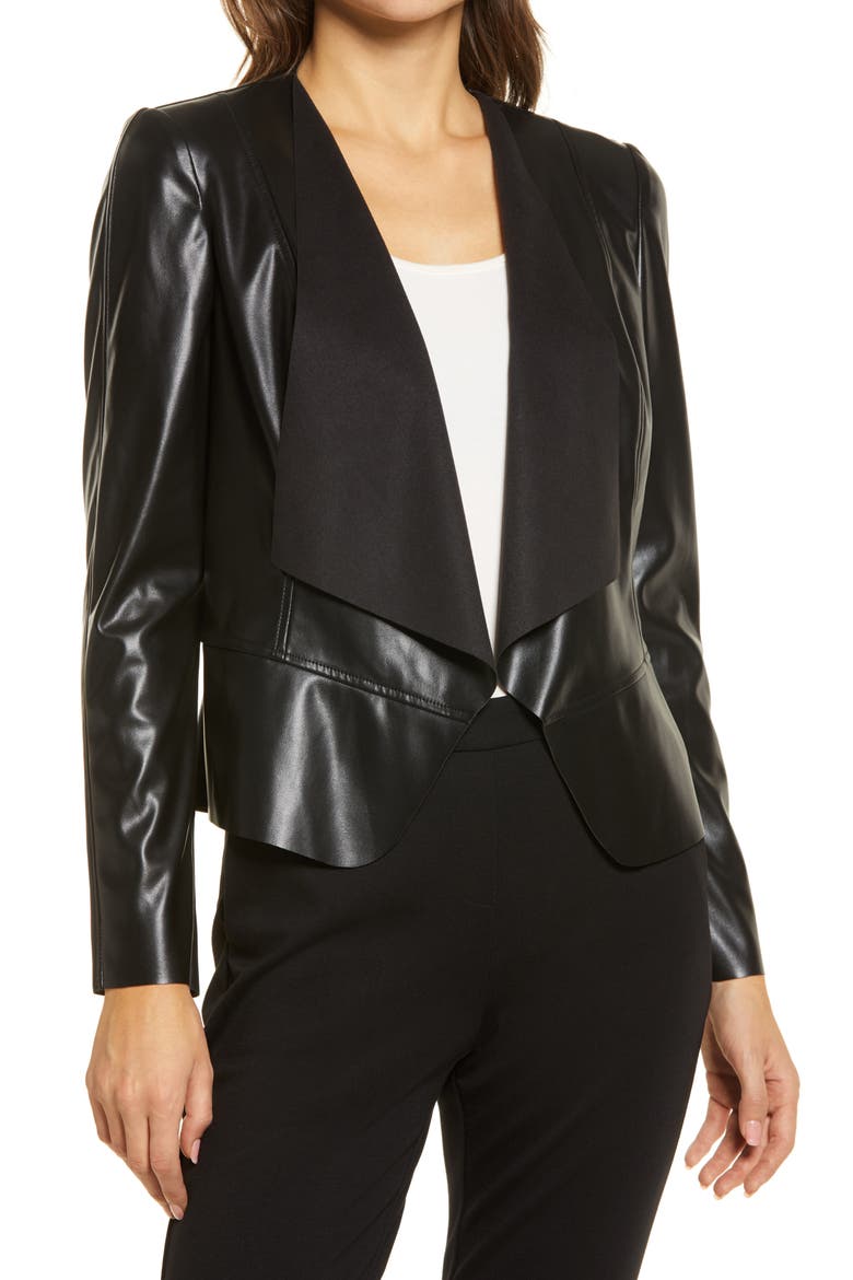 Faux Leather Drape Front Jacket, Main, color, ANNE BLACK