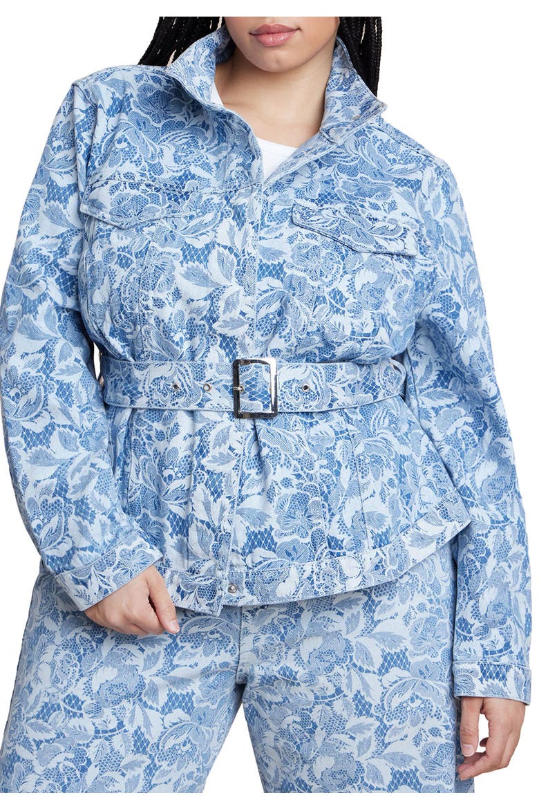 Lace Printed Denim Belted Jacket, Main, color, CHANTILLY DENIM