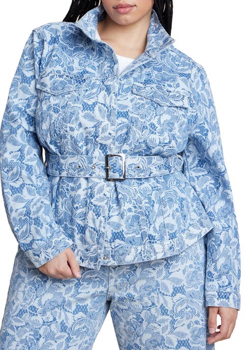 Lace Printed Denim Belted Jacket (Plus)