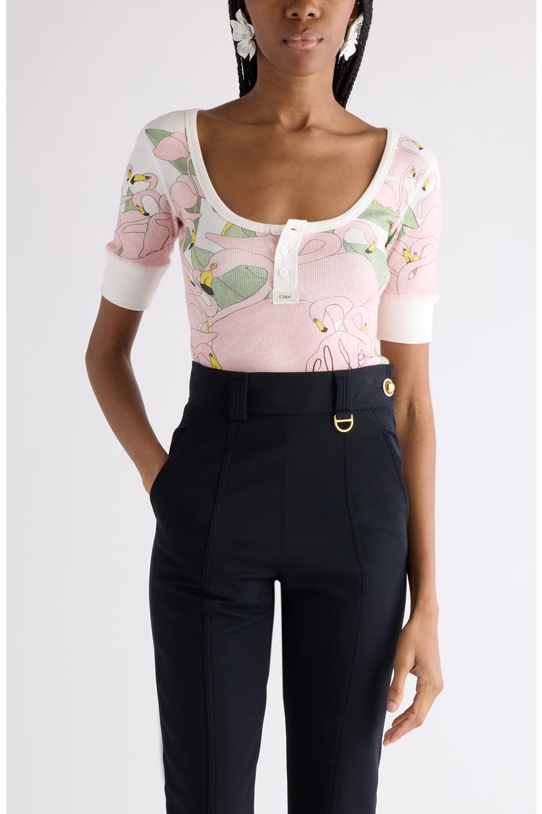 Flamingo Print Rib Jersey Henley, Main, color, ICONIC MILK