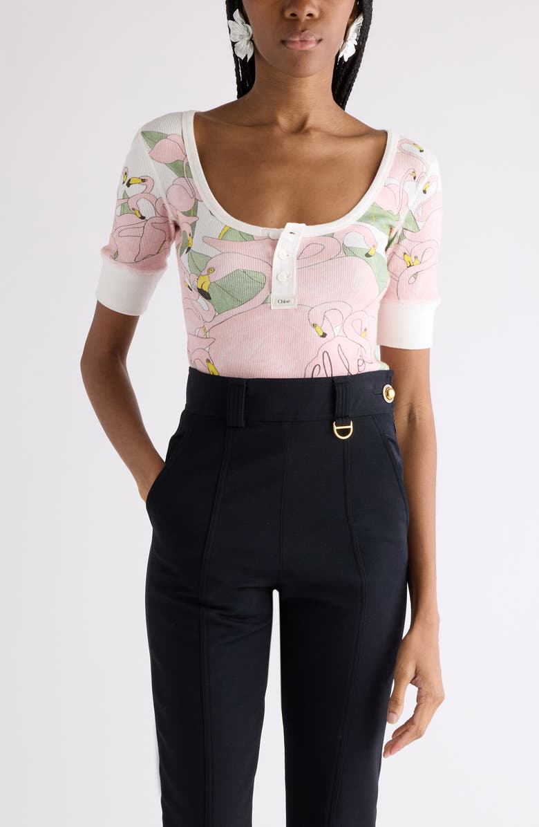 Chloé Flamingo Print Rib Jersey Henley, Main, color, Iconic Milk