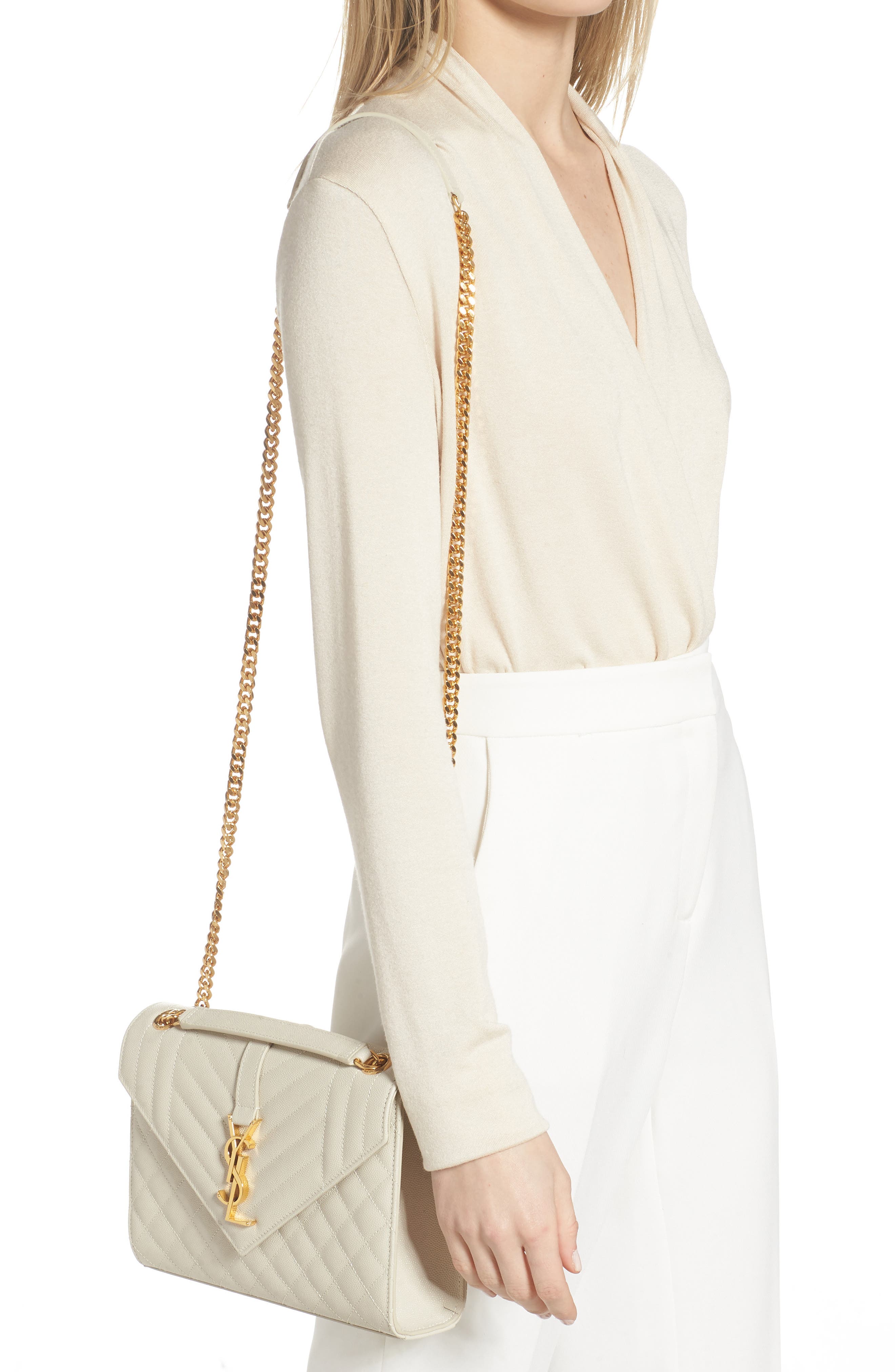 Saint Laurent Medium Cassandra Quilted Leather Envelope Bag, Alternate, color, Ivory