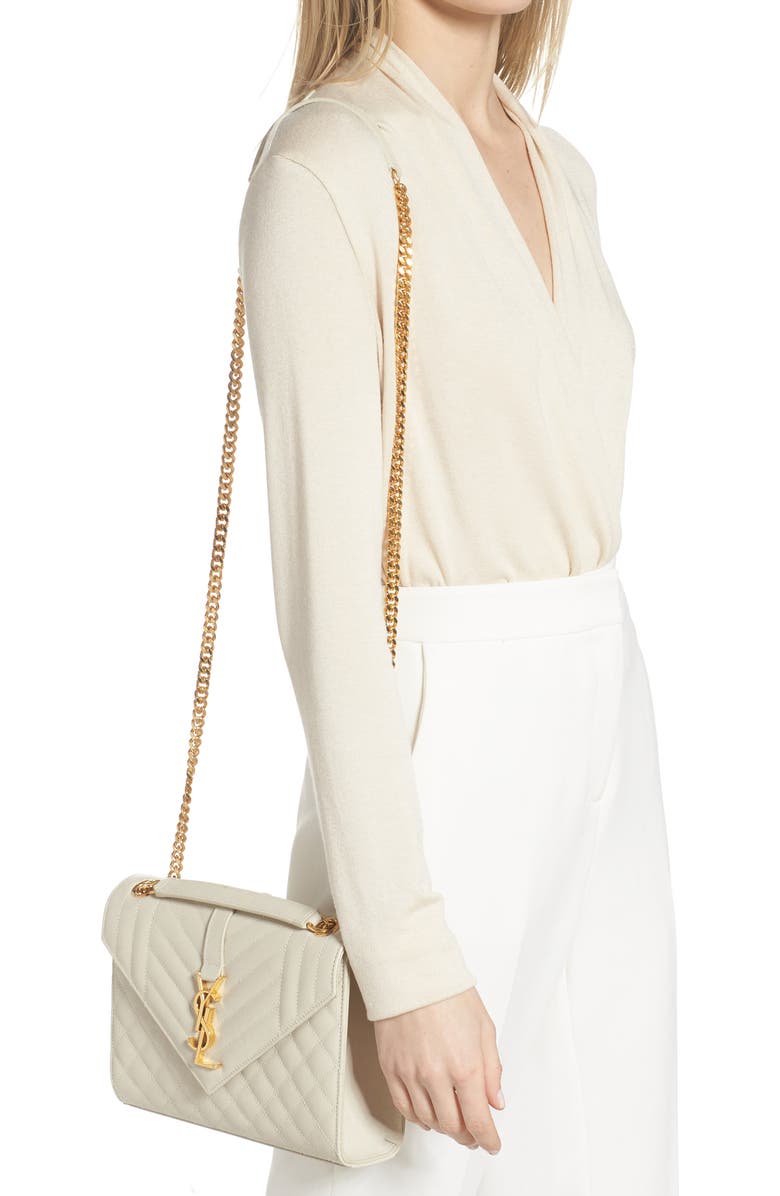 Saint Laurent Medium Cassandra Quilted Leather Envelope Bag, Alternate, color, Ivory