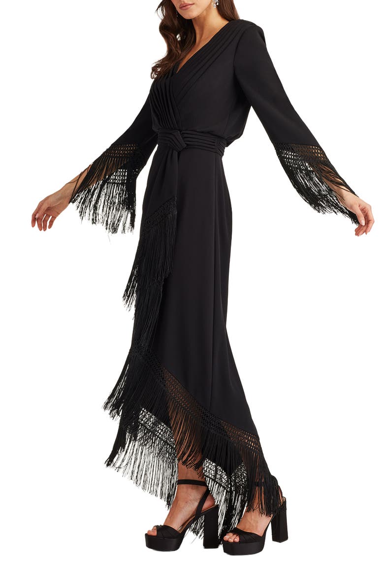 Fringe Detail Long Sleeve Gown, Alternate, color, BLACK