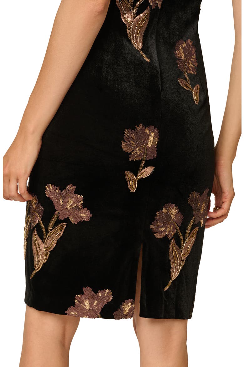 Sequin Floral V-Neck Velvet Sheath Dress, Alternate, color, BLACK/ COPPER