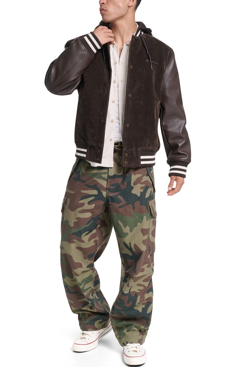 Faux Suede & Faux Leather Varsity Jacket, Alternate, color, BROWN