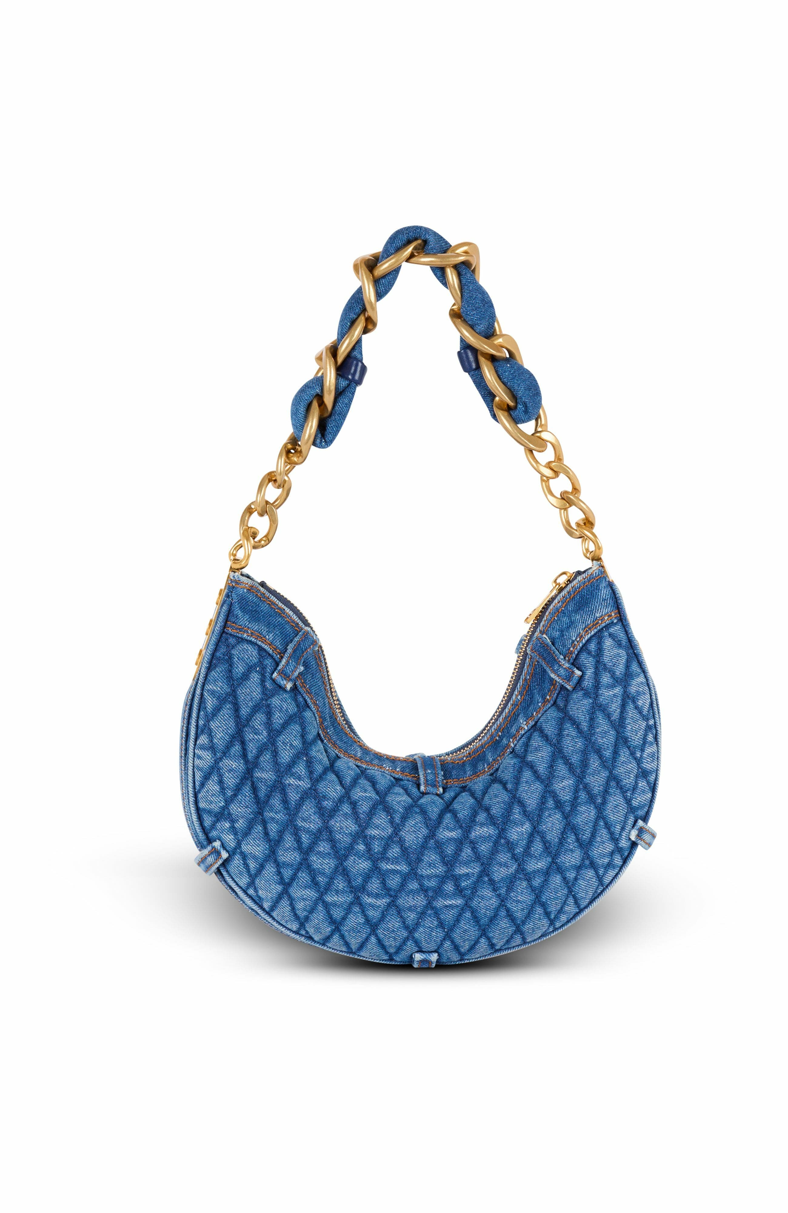 Balmain 1945 Soft Moon Bag In Diamond-Quilted Denim, Alternate, color, 